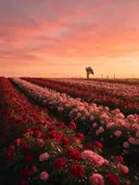 Landschapsfoto van rozen bij de zonsondergang, met twee uilen op een paal
