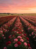 Landschapsfoto van rozen bij de zonsondergang, met een paar koeien