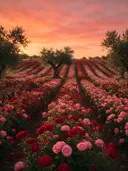 Landschapsfoto van rozen bij de zonsondergang, met een oude olijfboom