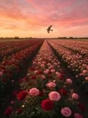 Landschapsfoto van rozen bij de zonsondergang, met een torenvalk