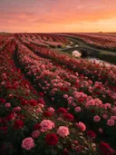 Landschapsfoto van rozen bij de zonsondergang, met een stenen bruggetje