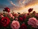 Landschapsfoto van rozen bij het gouden uur, met een eenzaam paard