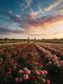 Landschapsfoto van rozen bij het gouden uur, met een houten poort bij de ingang van het veld