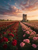 Landschapsfoto van rozen bij het gouden uur, met de ruïne van een oude toren