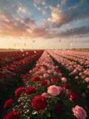 Landschapsfoto van rozen bij het gouden uur, met witte duiven die opvliegen