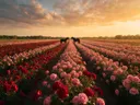 Landschapsfoto van rozen bij het gouden uur, met twee paarden die elkaar aankijken