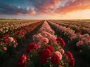 Landschapsfoto van rozen bij het gouden uur