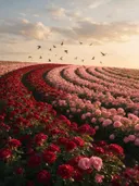 Landschapsfoto van rozen bij het gouden uur, met zwaluwen laag over de bloemen