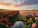 Landschapsfoto van rozen bij het gouden uur, met een kikker op een blad