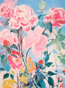 Schilderij met roze en rode rozen en pioenrozen tegen een blauwe achtergrond