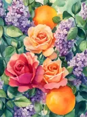 Aquarel van oranje en roze rozen met paarse seringen tussen groene bladeren