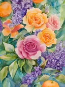 Roze en oranje rozen met paarse seringen en sinaasappels in aquarelstijl