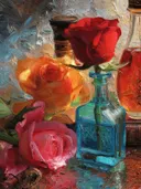 Schilderij van rode en oranje rozen naast een turquoise glazen flacon