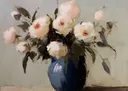 Schilderij van rozen in een blauwe vaas