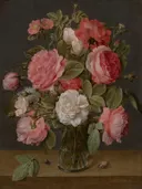 Rozen in een glazen vaas van Jacob van Hulsdonck: bloemen met rozen, glazen vaas, boeket en blad, in roze op donker