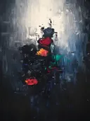 Donker bloemenschilderij met rode en zwarte rozen