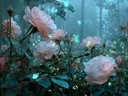 Schilderij van roze rozen met turquoise vlinders in een mistig bos