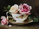 Schilderij van rozen in een theekopje