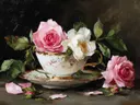 Schilderij van witte en roze rozen in een theekopje