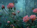 Schilderij van roze rozen met vlinders in een mistig toverbos