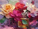 Schilderij van rozen rond een parfumflacon