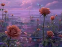 Schilderij van perzikkleurige rozen op water bij een paarse zonsondergang met libellen