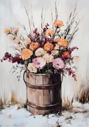 Schilderij van rozen in een houten emmer