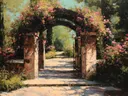 Schilderij van een stenen tuinpoort overwoekerd met rozen