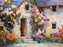 Schilderij van een rozenhuisje in een bloeiende tuin