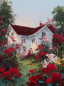 Schilderij van een wit huisje met rood dak omgeven door rode klimrozen