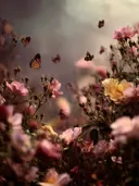 Schilderij van rozen met dansende vlinders in een tuin