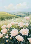 Schilderij van een rozenveld in een landschap