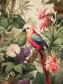 Rozerode vogel met blauwgroene vleugels op een tak tussen tropische bloemen.