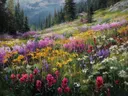 Schilderij van rozerode wilde bloemen in een veld