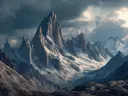 Schilderij van ruige bergtoppen onder een dramatische lucht