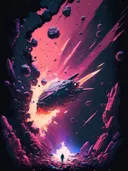 Ruimteschip tussen asteroïden