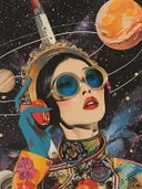 Vrouw in popart-stijl met raket en planeten