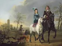 Ruiter en amazone in een landschap, een knecht met honden verderop van Aelbert Cuyp: figuren met ruiters, paarden, honden en jacht, in warm bruin en blauw
