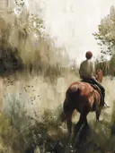 Schilderij van een ruiter te paard in de ochtendnevel