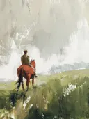 Schilderij van een ruiter te paard in een groen veld.