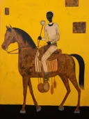 Gestileerde afbeelding van een ruiter te paard met geometrische vlakken op een okerkleurige achtergrond.