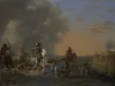 Ruitergevecht bij zonsondergang van Jan Asselijn: figuren met ruitergevecht, paarden, soldaten en zonsondergang, in warm bruin en oranje