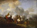Ruitergevecht tussen Turken en Christenen van Philips Wouwerman: figuren met ruiters, gevecht, paarden en rook, in grijsblauw en bruin