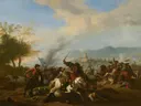 Ruitergevecht van Jan van Huchtenburgh: figuren met ruiters, paarden, veldslag en rook, in gedempt bruin met blauw