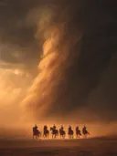 Schilderij van ruiters te paard voor een opkomende zandstorm