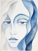 Abstract gestileerd gezicht in blauw en wit met golvend haar en gesloten ogen