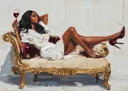 Vrouw met glas rode wijn liggend op een gouden chaise longue
