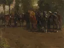 Rustende cavalerie van George Hendrik Breitner: figuren met cavalerie, paarden, soldaten en rust, in warm bruin en groen