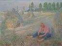Rustende maaier, september 1905 ( ) van Emile Claus: figuren met maaier, hooibergen, veld en rust, in geel en blauw