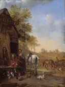 Rustende ruiter voor een herberg van Paulus Potter: dieren met paarden, honden, herberg en ruiter, in warm bruin met blauwe lucht